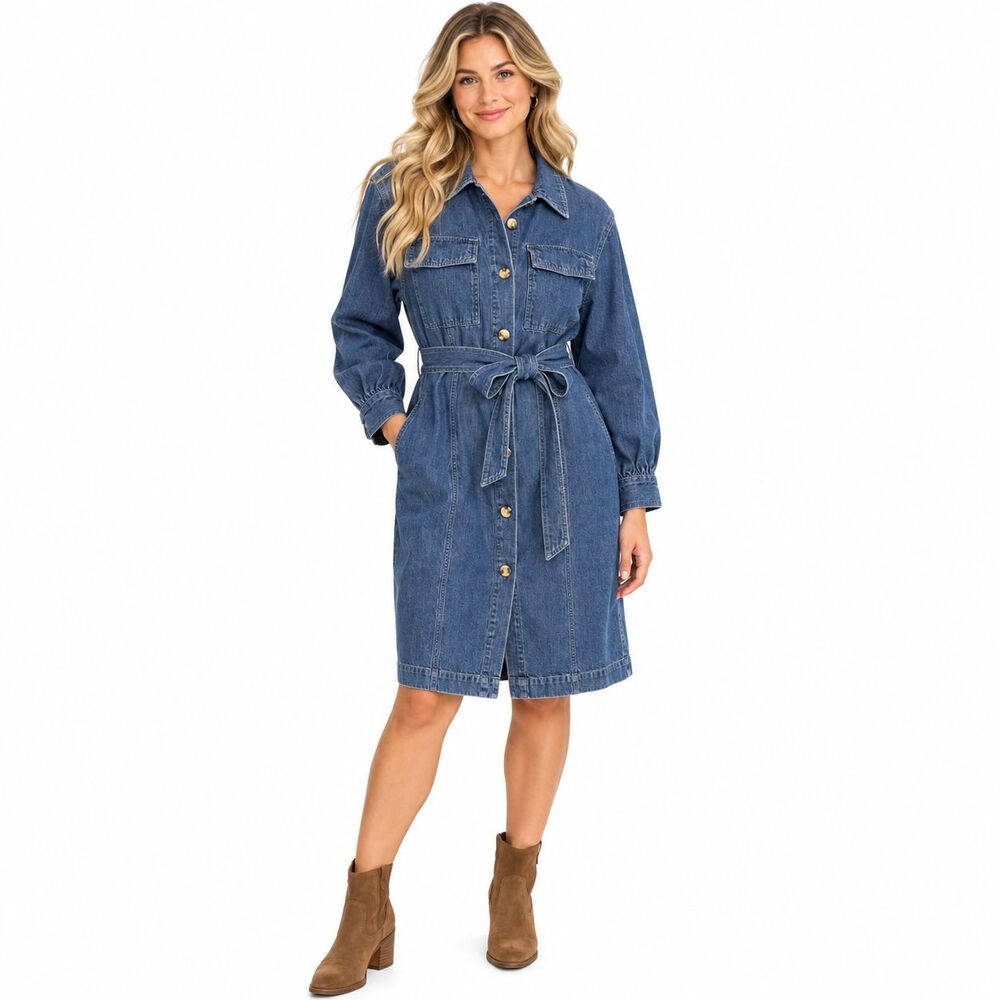 Free Assembly Women's L blue Denim Shirt Dress Belted Utility 100% Cotton